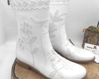 Handmade Leather Mid-Calf Boots: White Floral Embroidery