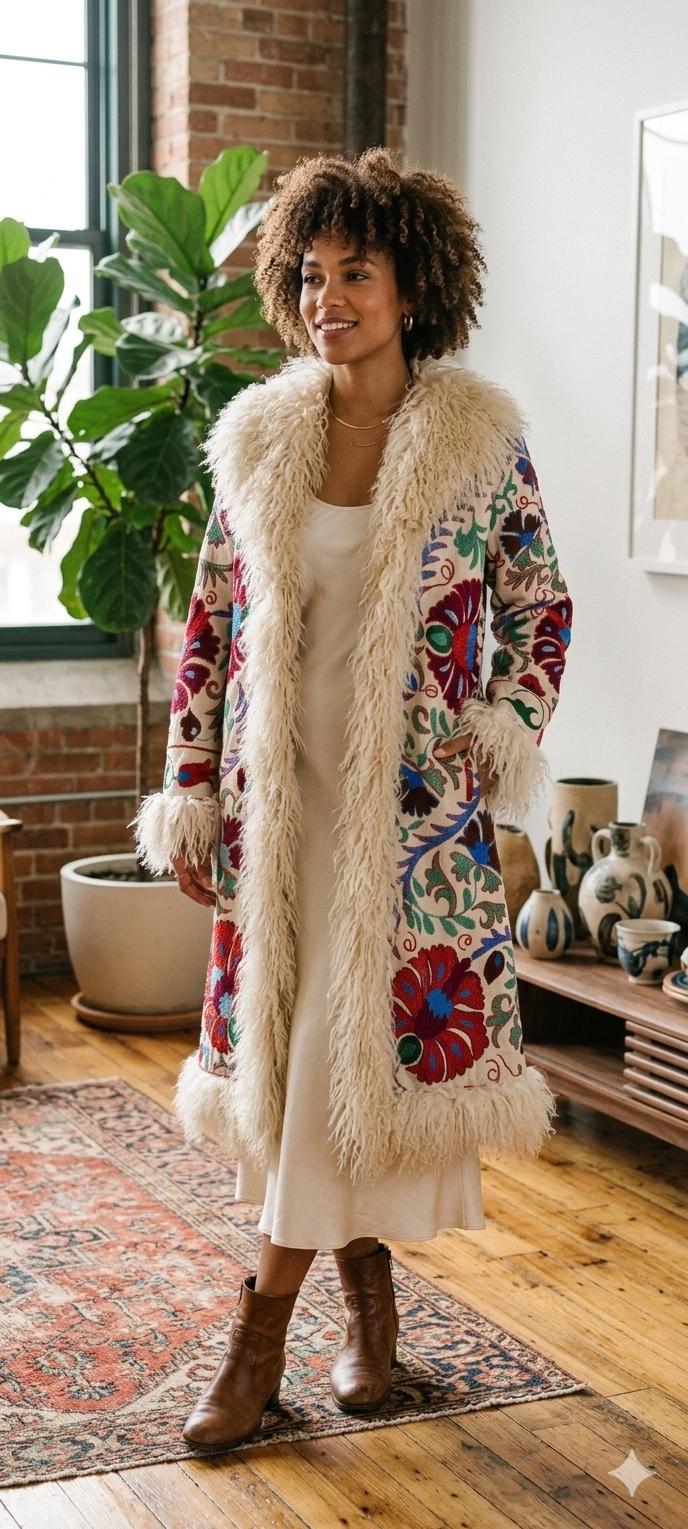 Vintage Shearling Coat: Hand Embroidered Suzani Floral Afghan Fur Vintage Shearling Coat: Hand Embroidered Suzani Floral Afghan Fur