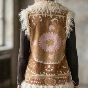 Boho Shearling Vest: 1970s Embroidered Cotton Trim, 43-inch Long Vest