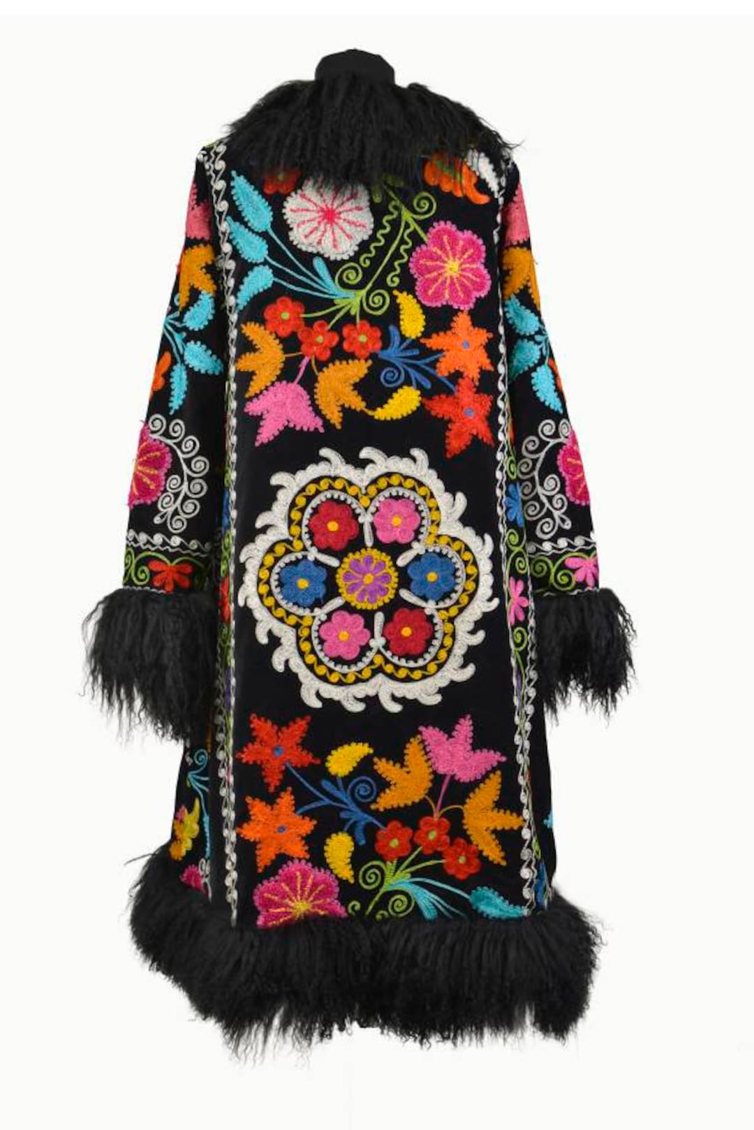 Vintage Suzani Coat: Hand-embroidered Afghan Style Shearling Trim