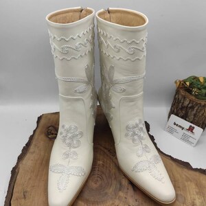 White Leather Boots, Cowboy Boots, Made To Order, Mid Calf, Short Boots, Wedding Boots, Casual Boots, Everyday Boots, Suzani Boots image 5