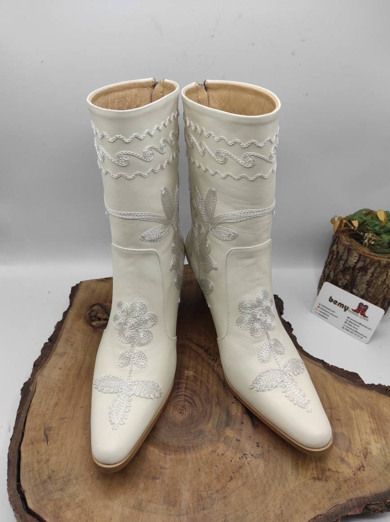 White Leather Boots, Cowboy Boots, Made To Order, Mid Calf, Short Boots, Wedding Boots, Casual Boots, Everyday Boots, Suzani Boots image 5