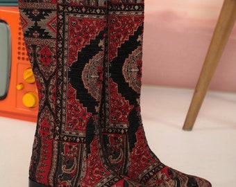 Custom Made Riding Style Women's Boots, Low Heel, Round Toe, Knee High, Ethnic Pattern, Comfy Boots, Country Style, For Her, Unique Boots