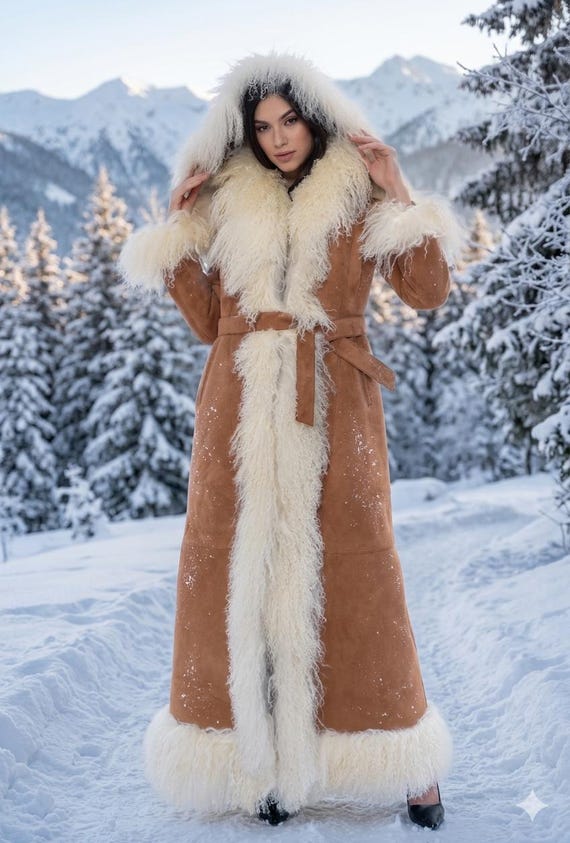 Handmade Suede Shearling Coat: Mongolian Fur Trim, Removable Hood