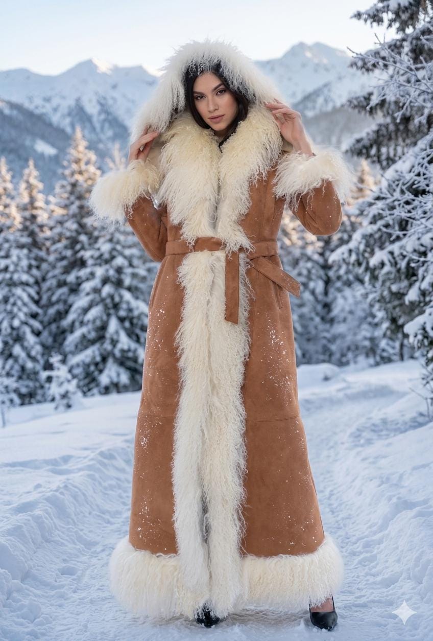 Handmade Suede Shearling Coat: Mongolian Fur Trim, Removable Hood