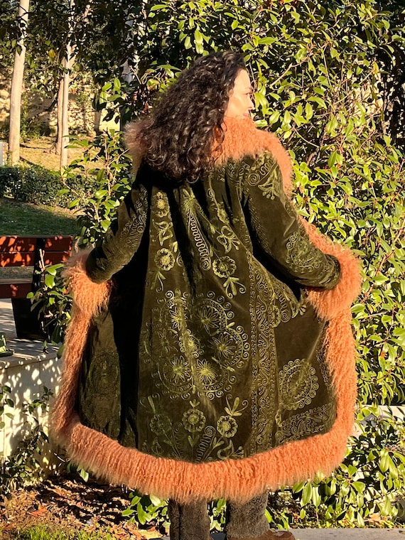 Vintage Green Velvet Suzani Shearling Coat: Custom Fit