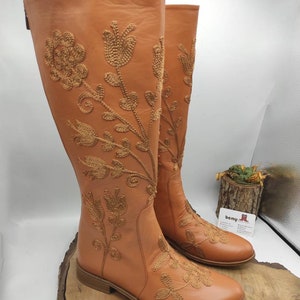 Custom Boots, Honey Brown, Suzani Boots, Knee High, Riding Style, Low Heel, For Her, Handmade, Round Toe, Embroidery Boots, Casual Boots image 1