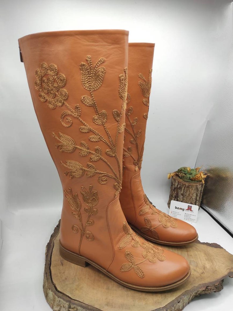 Custom Boots, Honey Brown, Suzani Boots, Knee High, Riding Style, Low Heel, For Her, Handmade, Round Toe, Embroidery Boots, Casual Boots image 1