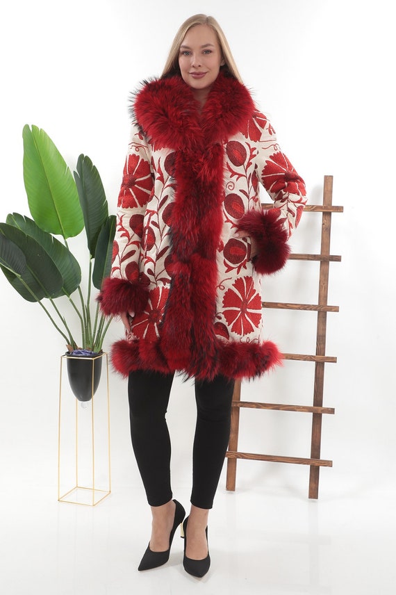 Vintage Suzani Shearling Coat: Fox Fur Trim, Red Embroidery - Etsy