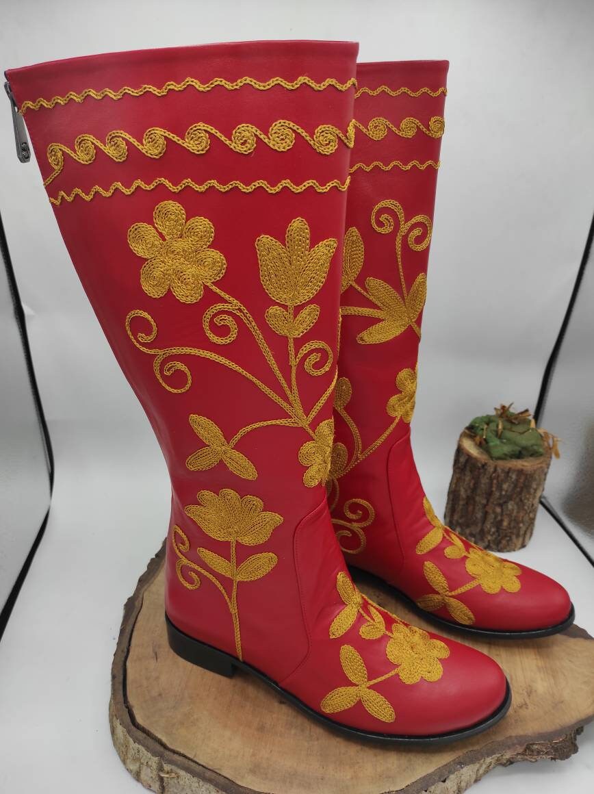 Handmade Leather Suzani Boots: Embroidered Knee High Riding Boots