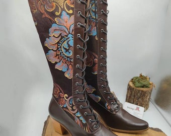 Genuine Leather Suzani Boots: Custom Victorian Lace-Up Knee High Boots