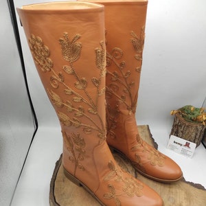 Custom Boots, Honey Brown, Suzani Boots, Knee High, Riding Style, Low Heel, For Her, Handmade, Round Toe, Embroidery Boots, Casual Boots image 7