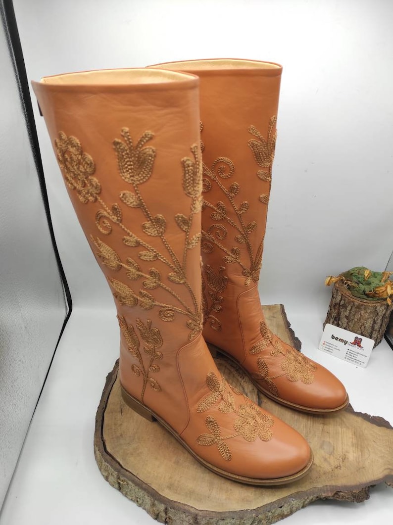 Custom Boots, Honey Brown, Suzani Boots, Knee High, Riding Style, Low Heel, For Her, Handmade, Round Toe, Embroidery Boots, Casual Boots image 7