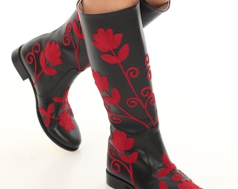 Handmade Leather Knee High Boots: Floral Embroidery, Custom Fit