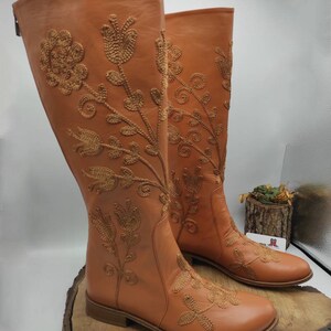 Custom Boots, Honey Brown, Suzani Boots, Knee High, Riding Style, Low Heel, For Her, Handmade, Round Toe, Embroidery Boots, Casual Boots image 6