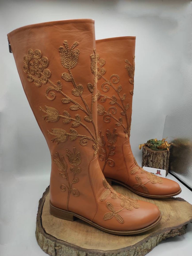 Custom Boots, Honey Brown, Suzani Boots, Knee High, Riding Style, Low Heel, For Her, Handmade, Round Toe, Embroidery Boots, Casual Boots image 6