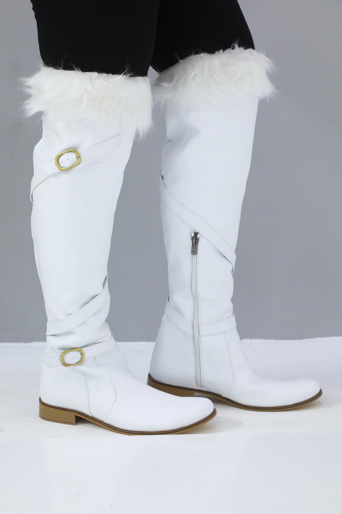 Handmade White Leather Boots: Suzani Style, Fur Trim, Custom Fit