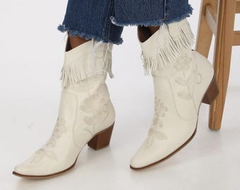 Handmade White Leather Ankle Boots: Suzani Wedding Booties
