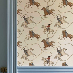 Western Nursery Wallpaper, Removable Retro Cowboy Wall Mural, Vintage Horseback riders Accent Wall, Kids Room Frontier Wall Covering PV300