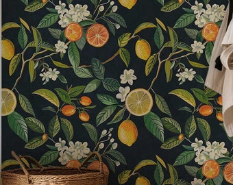 Papel tapiz oscuro removible, mural tropical melancólico, tapiz floral autoadhesivo, pared con acento de limón y naranja (P32)