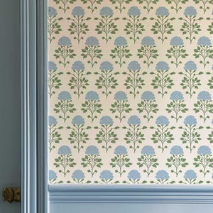 Carta da parati adesiva con fiori blu / Decorazione murale floreale rimovibile / Design floreale con stampa a blocchi retrò per soggiorno, camera da letto, cameretta dei bambini PV368