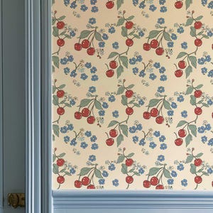 Bunte Tapete, Retro Kirsche Wandbild, Temporäre Tapete zum Schälen und Aufkleben, Botanische Tapete, Blumen Tapete, Obst Wandbild NF011