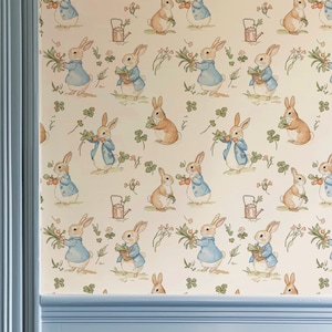 Carta da parati vintage con coniglietto e trifoglio, murale per cameretta dei bambini in colori pastello, decorazione murale rimovibile da staccare e attaccare PV376