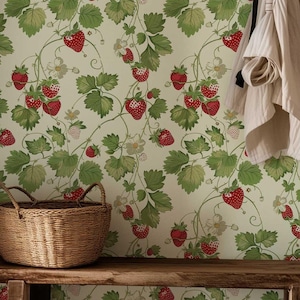 Carta da parati vintage con fragole, murale floreale retrò, decorazione da parete per camera da letto, bagno, rivestimento murale rimovibile con fiori per bambini P279