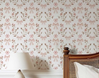 Pink Bow Peel and Stick Wallpaper, Removable Coquette Wall Decoration, Floral Girls Nursery Wall Mural, Vintage Boho Wall hanging - PV060