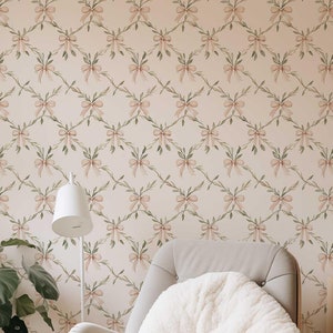 Carta da parati con fiocco rosa retrò, murale botanico staccabile e attaccabile, carta da parati con nastro Coquette, rivestimento murale temporaneo shabby chic NF013