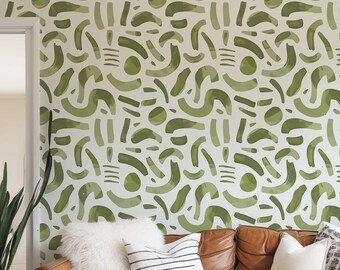 Wallpaper Peel and Stick Bedroom Wall Decor Removable Abstract Wall Mural Brush Stroke Accent Wall Green Wall covering for Renters | PV079