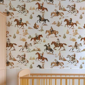 Western cowboy Temporary Wallpaper Mural, Removable Peel and stick Wild Wild West Nursery Decor,  Neutral Horse riding Wall covering PV117