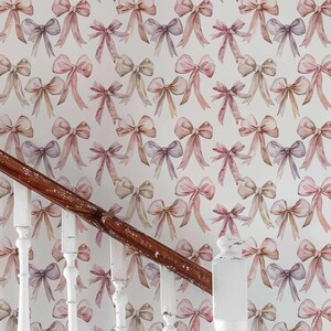 Carta da parati con fiocco rosa rimovibile, nastri artistici, decorazione da parete con accenti pastello, decorazione da parete per cameretta dei bambini, adesivo da parete Coquette / PV222S