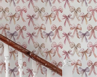 Wallpaper Pink Bow Removable Art Ribbons Wall Mural Pastel Accent Wall Girly Nursery Wall Decor Coquette Wall covering Sticker | PV222S