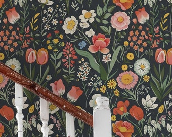 Dark Floral Wallpaper Mural, Whimsical Peel and Stick Botanical Wall Decor 175