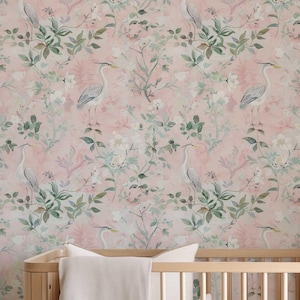Carta da parati rosa rimovibile stacca e attacca airone uccello murale parete accento floreale parete fiore camera da letto decorazione parete costiera / PV157