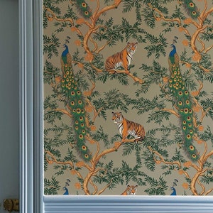 Carta da parati staccabile e attaccabile con pavone, murale con animali tropicali, decorazione murale rimovibile con tigre, carta da parati colorata con giungla, carta da parati botanica PV343