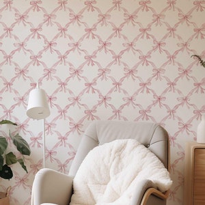 Carta da parati a griglia con fiocco di diamanti - Carta da parati temporanea con fiocco rosa - Decorazione murale Coquette staccabile e attaccabile - Carta da parati shabby chic per la cameretta dei bambini NF016