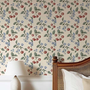 Carta da parati retrò Cherry, carta da parati floreale vintage da staccare e attaccare o murale tradizionale, decorazione da parete per camera da letto e bagno, rivestimento murale con fiori chiari PV281