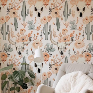 Carta da parati staccabile e adesiva Boho Floral Cactus, murale da parete Western, carta da parati con teschio di fiori stravaganti, decorazione da parete rimovibile Cowgirl PV319