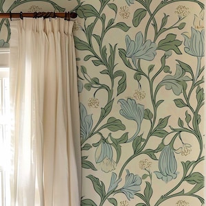 Carta da parati floreale Art Neuvo, murale di fiori selvatici staccabile e attaccabile in stile William Morris, arte murale botanica vintage, decorazione rimovibile per gli inquilini PV362