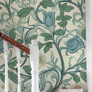 Carta da parati floreale in stile William Morris: murale vintage con fiori selvatici blu, autoadesiva PV361