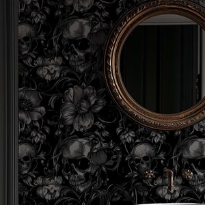 Gothic Tapete, schwarzes Florales Wandbild zum Schälen und Aufkleben oder Traditionelles Wandbild, Abnehmbares Witchy Schlafzimmer, Badezimmer Wanddekor NF037