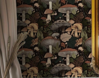 Vintage Mushroom Wallpaper: Moody Botanical Peel and Stick Mural NF002