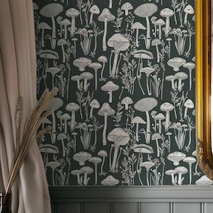 Papier peint champignon vert foncé | Forêt botanique | Amovible, autocollant, traditionnel | Décoration boisée Cottagecore NF014