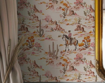 Vintage Cowgirls Pink Wallpaper - Removable Wild Western Wall Mural - Old West Cowboy Accent Wall - Frontier Wall Covering NF63