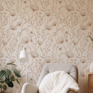 Light Wildflower Wallpaper, Peel and Stick or Traditional Boho Floral Mural , Removable Flower Bedroom, Neutral Bathroom Wall Decor PV346