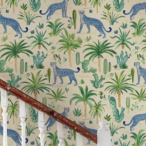 Carta da parati con animali da safari stravaganti per la cameretta dei bambini - Murale botanico con tigre blu - Carta da parati staccabile e adesiva - Carta da parati rimovibile PV342