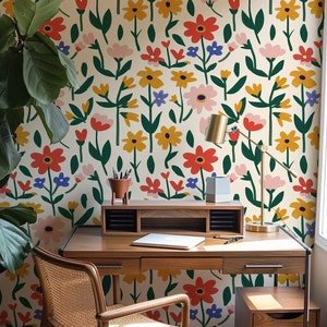 Carta da parati adesiva con fiori colorati, murale con fiori astratti giocosi, decorazione murale floreale Dopamine, arte murale della natura - 121