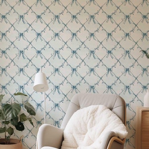 Peel and Stick Blue Ribbon Wall Mural, Boho Coquette Bow Wallpaper, Romantic Nursery, kids room Wall Art, French Vintage Bedroom Decor NF017
